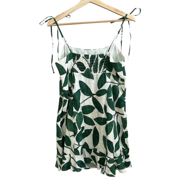 And Other Stories Leaf Print Linen Mini Babydoll Dress Green 10 Resort Coastal - Picture 4 of 11